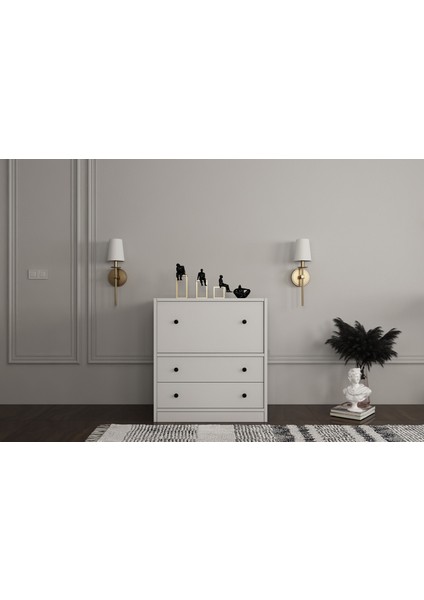 Düşer Kapaklı Iki Çekmeceli Raflı Beyaz Ayakkabılık Çıtasız AYK-1053-Ç
