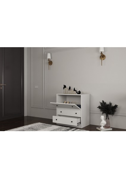 Düşer Kapaklı Iki Çekmeceli Raflı Beyaz Ayakkabılık Çıtasız AYK-1053-Ç modelleri