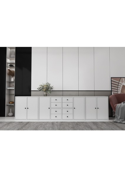Altı Kapaklı Sekiz Çekmeceli Raflı Beyaz Konsol Çıtasız KNS-1229-Ç