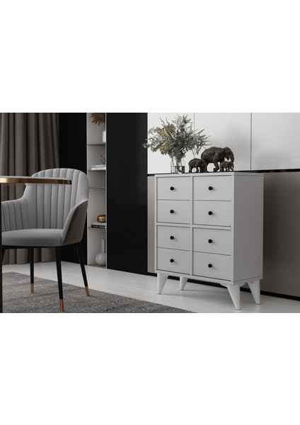 Ayaklı Sekiz Çekmeceli Raflı Beyaz Konsol Çıtasız KNS-1251-Ç fiyatları
