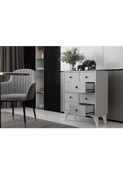 Ayaklı Sekiz Çekmeceli Raflı Beyaz Konsol Çıtasız KNS-1251-Ç modelleri