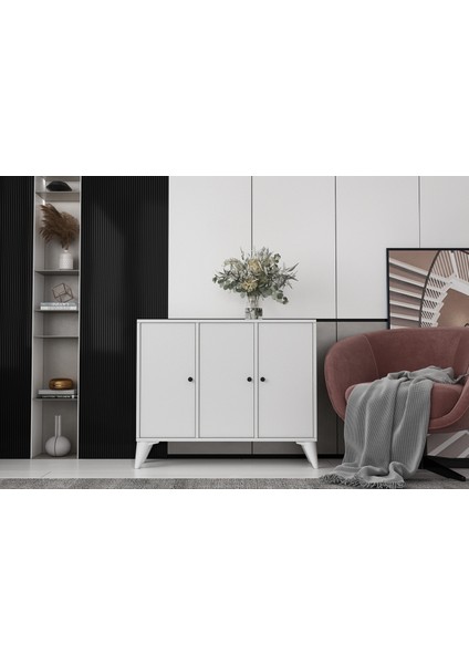 Ayaklı Üç Kapaklı Raflı Beyaz Konsol Çıtasız KNS-1261-Ç