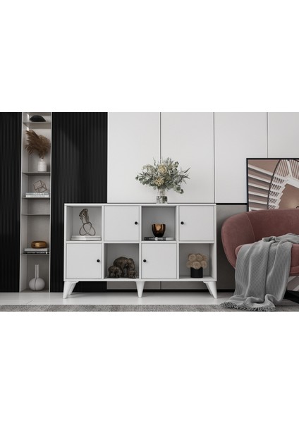 Ayaklı Dört Kapaklı Raflı Beyaz Konsol Çıtasız KNS-1270-Ç