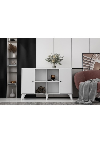 Ayaklı Iki Kapaklı Raflı Beyaz Konsol Çıtasız KNS-1271-Ç
