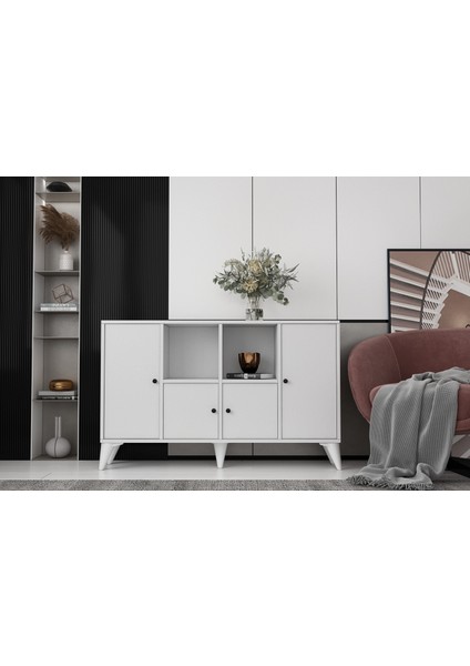 Ayaklı Dört Kapaklı Raflı Beyaz Konsol Çıtasız KNS-1273-Ç