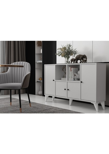 Ayaklı Dört Kapaklı Raflı Beyaz Konsol Çıtasız KNS-1273-Ç fiyatları
