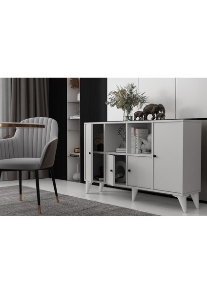 Ayaklı Dört Kapaklı Raflı Beyaz Konsol Çıtasız KNS-1273-Ç modelleri