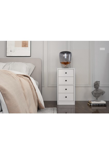 Dört Çekmeceli Beyaz Komodin Çıtasız KMD-1039-Ç