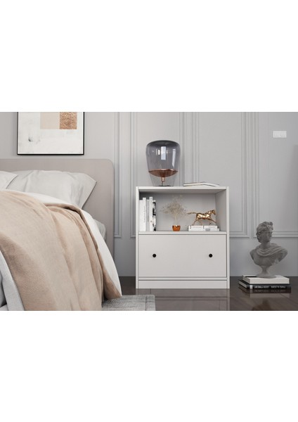 Raflı Kapaklı Beyaz Komodin Çıtasız KMD-1041-Ç