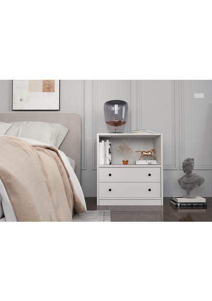 Raflı Iki Çekmeceli Beyaz Komodin Çıtasız KMD-1042-Ç