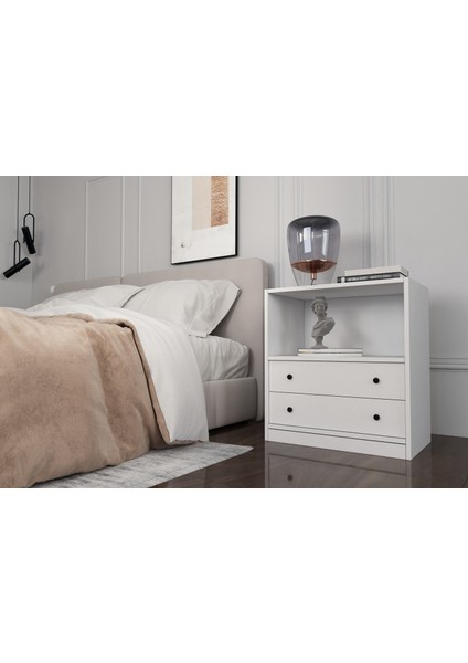 Raflı Iki Çekmeceli Beyaz Komodin Çıtasız KMD-1042-Ç fiyatları