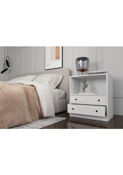 Raflı Iki Çekmeceli Beyaz Komodin Çıtasız KMD-1042-Ç modelleri