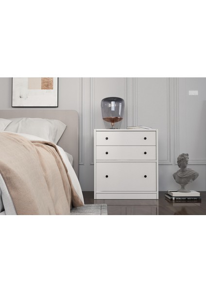 Iki Çekmeceli Kapaklı Beyaz Komodin Çıtasız KMD-1045-Ç
