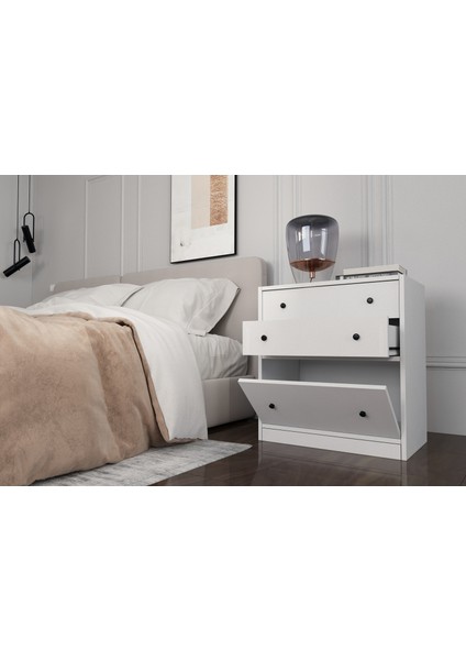 Iki Çekmeceli Kapaklı Beyaz Komodin Çıtasız KMD-1045-Ç modelleri