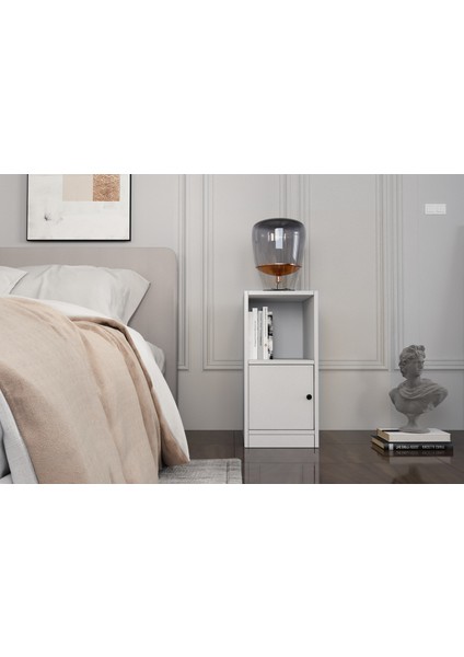 Raflı Kapaklı Beyaz Komodin Çıtasız KMD-1036-Ç