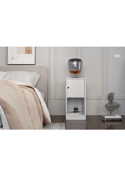 Raflı Kapaklı Beyaz Komodin Çıtasız KMD-1037Ç