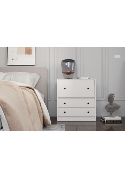 Iki Çekmeceli Kapaklı Beyaz Komodin Çıtasız KMD-1044-Ç