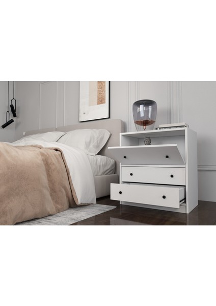 Iki Çekmeceli Kapaklı Beyaz Komodin Çıtasız KMD-1044-Ç modelleri