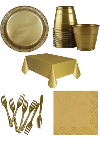 Plastik Gold Tabak, Bardak ,çatal, Masa Örtüsü Peçete, Seti 50 Kişilik