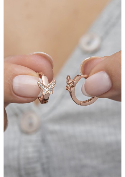 925 Ayar Gümüş Rose 10 mm Halka Kelebek Küpe