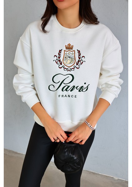 Kadın Beyaz Bisiklet Yaka Kabartma Baskılı Içi Polarlı Örme Sweatshirt