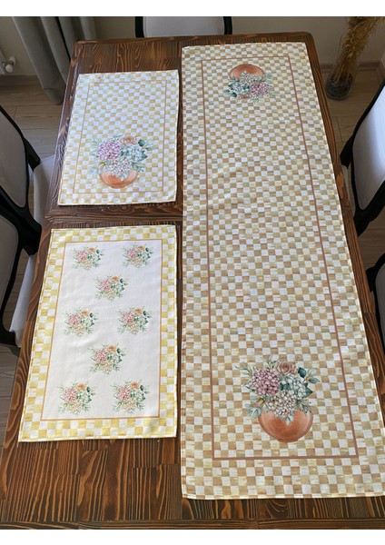 Mackenzie Model Damalı Ortanca Keten Runner ve Sarı Ortanca Buketi Desen 2 Adet Mutfak Havlusu