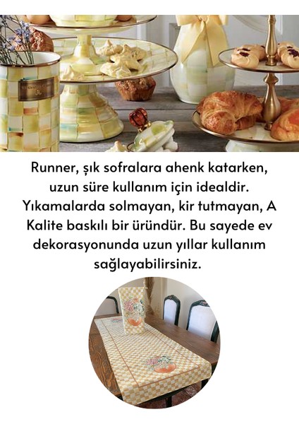 Mackenzie Model Damalı Ortanca Keten Runner ve Sarı Ortanca Buketi Desen 2 Adet Mutfak Havlusu