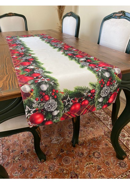 Kırmızı Ekose Yılbaşı Topları Desen 40 x 140 Runner I Leke Tutmaz I Dertsiz Masa Örtüsü