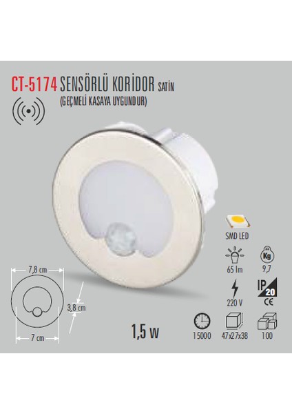 CT 5174 1,5W/3200K Radar Sen.kor. Armatürü Günışığı 12 Adet