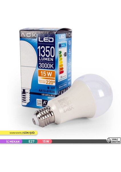 15W LED Ampul 3000K Günışığı E27 A70 - 10'lu Paket