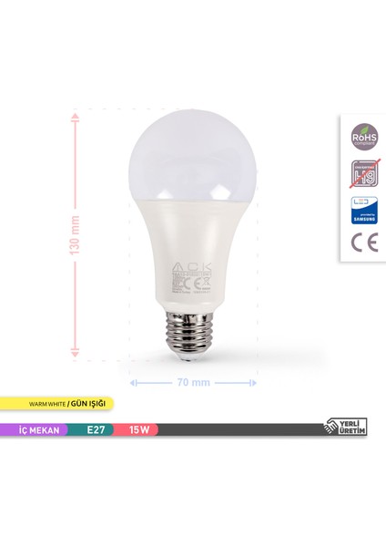 15W LED Ampul 3000K Günışığı E27 A70 - 10'lu Paket