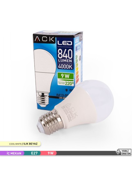 9W LED Ampul 4000K Ilık Beyaz E27 A60 - 10'lu Paket