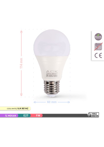 9W LED Ampul 4000K Ilık Beyaz E27 A60 - 10'lu Paket