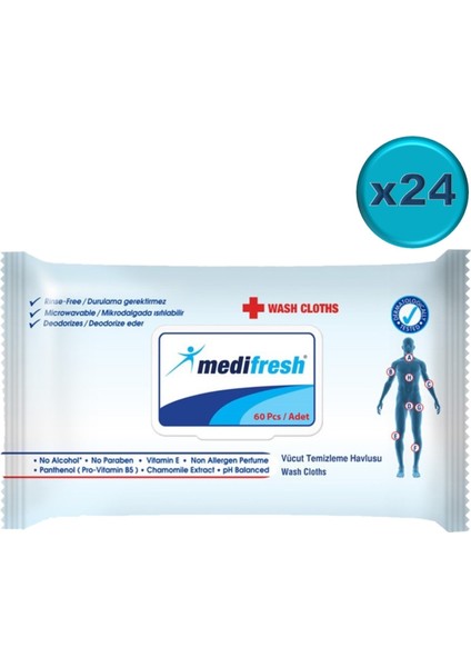 Yetişkin Hasta Vücut Temizleme Mendil-Havlusu 60 Yaprak (24 Lü Set) Plastik Kapaklı