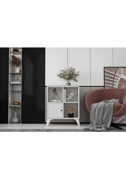 Ayaklı Kapaklı Raflı Beyaz Konsol Çıtasız KNS-1244-Ç