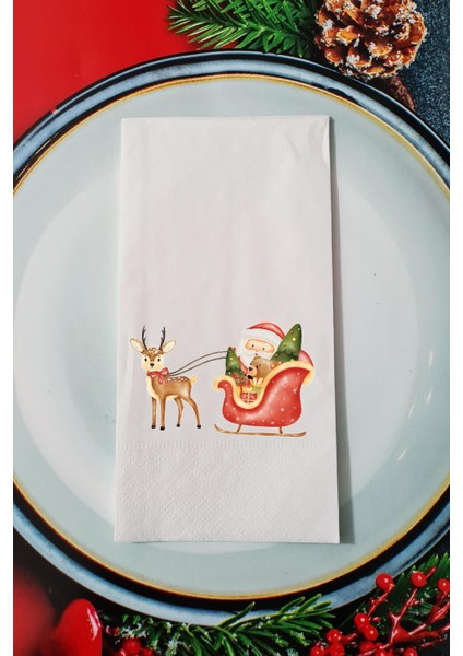 Noel Baba Arabası ve Geyik Tasarım Yılbaşı Sunum Peçetesi