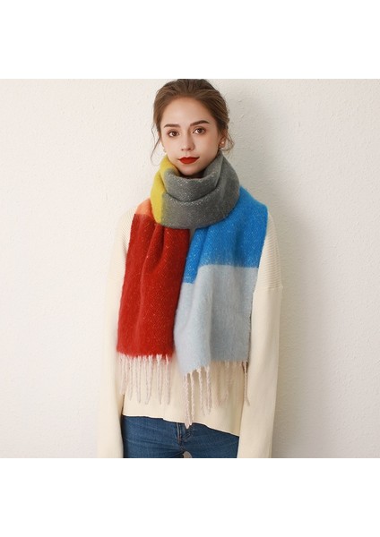 Eşarp Kontrast Çizgili Tiftik Şal Sahte Kaşmir Kalın Püskül (Yurt Dışından)