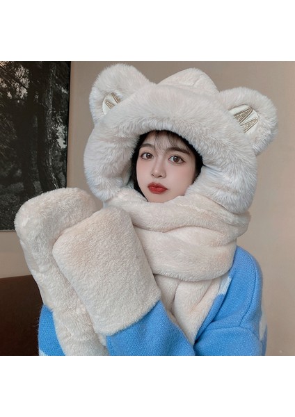 Sevimli Ayı Kulakları Şapka Kalınlaşmış Sıcak Peluş Eşarp Hepsi Bir Arada Başlık (Yurt Dışından)
