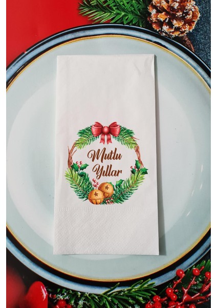 Yılbaşı Çelengi Mutlu Yıllar Yazılı Yılbaşı Sunum Peçetesi