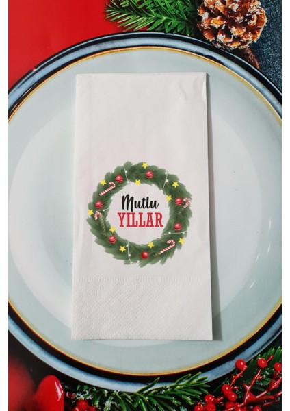 Yılbaşı Çelengi Mutlu Yıllar Yazılı Yılbaşı Sunum Peçetesi