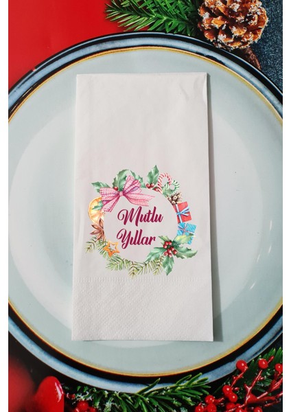 Yılbaşı Çelengi Mutlu Yıllar Yazılı Yılbaşı Sunum Peçetesi