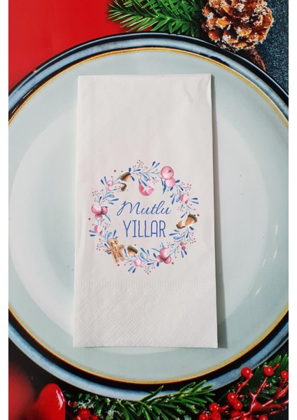 Yılbaşı Çelengi Mutlu Yıllar Yazılı Yılbaşı Sunum Peçetesi