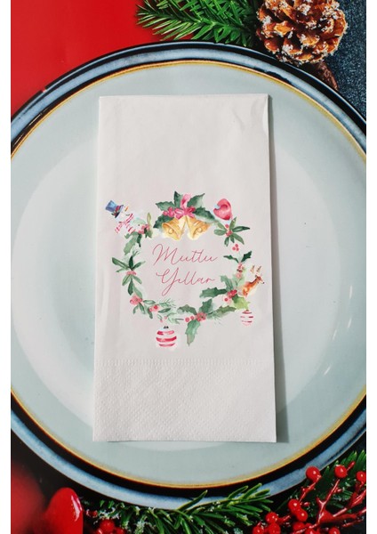 Yılbaşı Çelengi Mutlu Yıllar Yazılı Yılbaşı Sunum Peçetesi