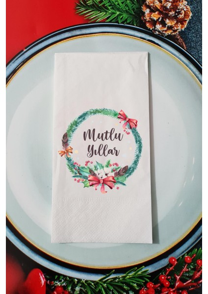 Yılbaşı Çelengi Mutlu Yıllar Yazılı Yılbaşı Sunum Peçetesi