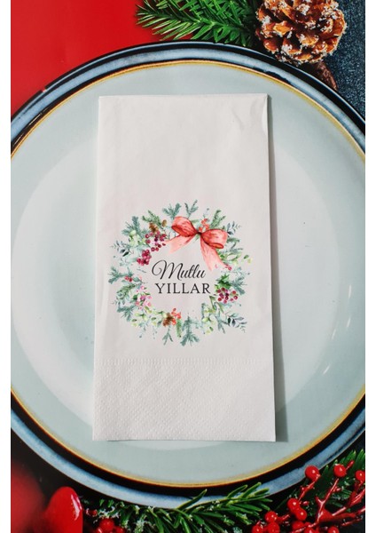 Yılbaşı Çelengi Mutlu Yıllar Yazılı Yılbaşı Sunum Peçetesi