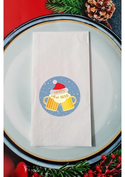 Happy New Beer Yazılı Biralı Tasarım Yılbaşı Sunum Peçetesi