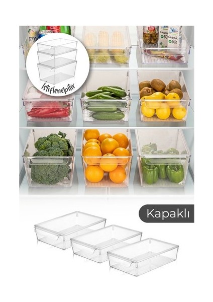 3 Adet Kapaklı Buzdolabı Organizeri Küçük