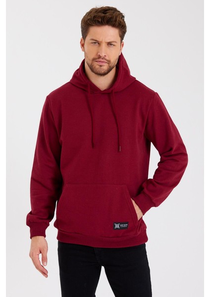 Bordo Kanguru Cepli Kapüşonlu Içi Pamuklu Erkek Sweatshirt
