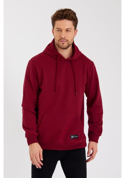 Bordo Kanguru Cepli Kapüşonlu Içi Pamuklu Erkek Sweatshirt