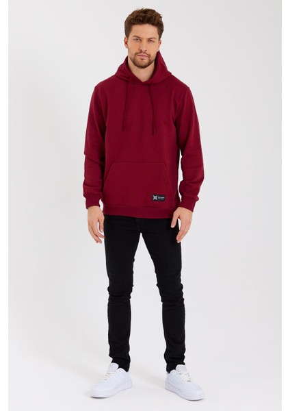 Bordo Kanguru Cepli Kapüşonlu Içi Pamuklu Erkek Sweatshirt